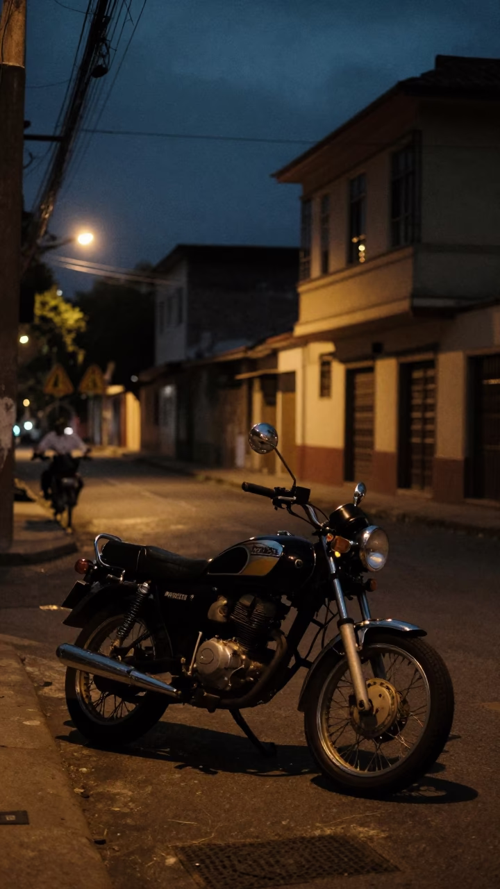 Predawn Street Scene in Medellin Colombia with Vintage Motorcycle and Urban Light in in Medellin, Colombia