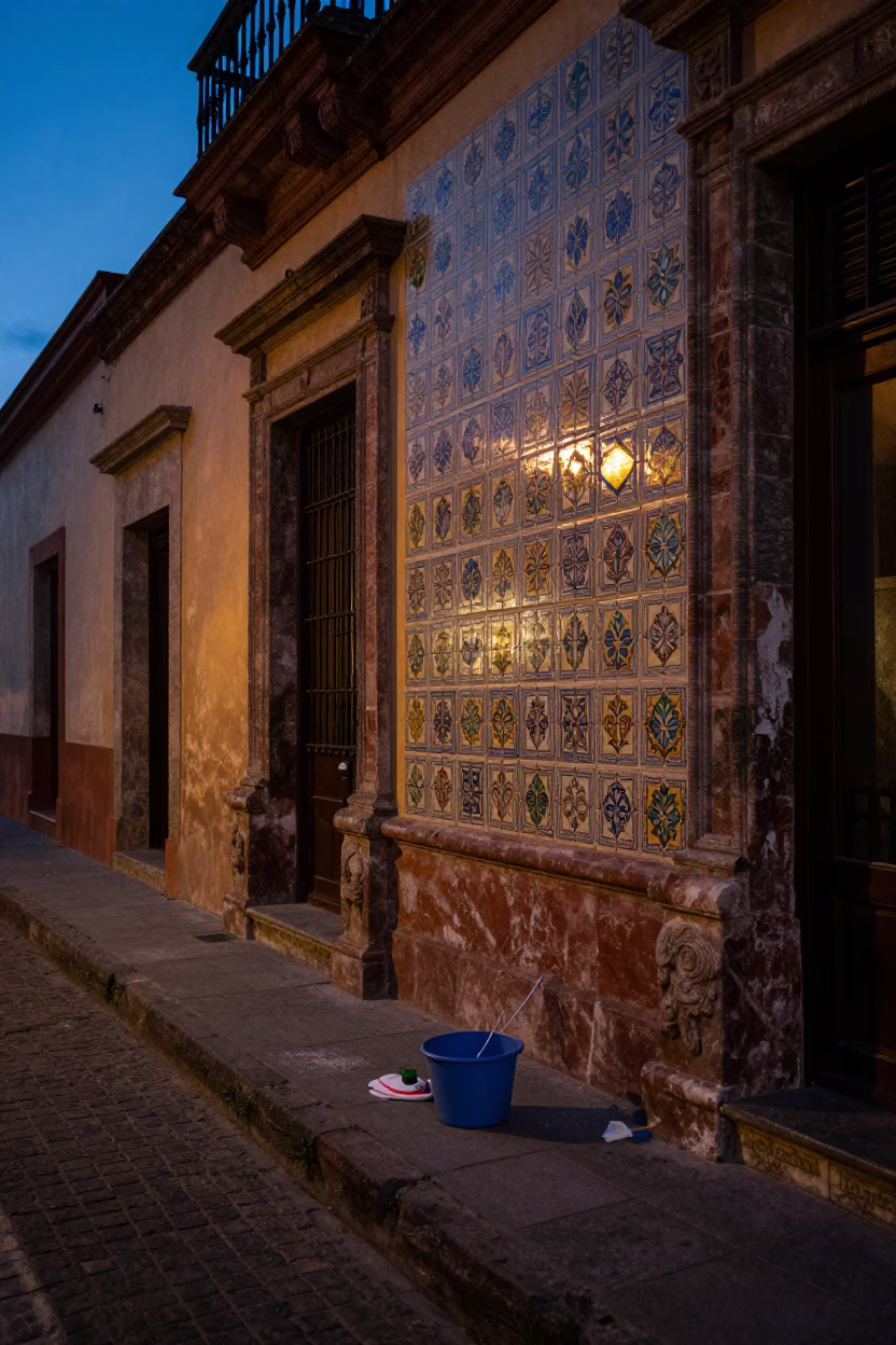 Predawn street scene in Merida Mexico with ceramic tiles and cleaning tools in in Merida, Mexico