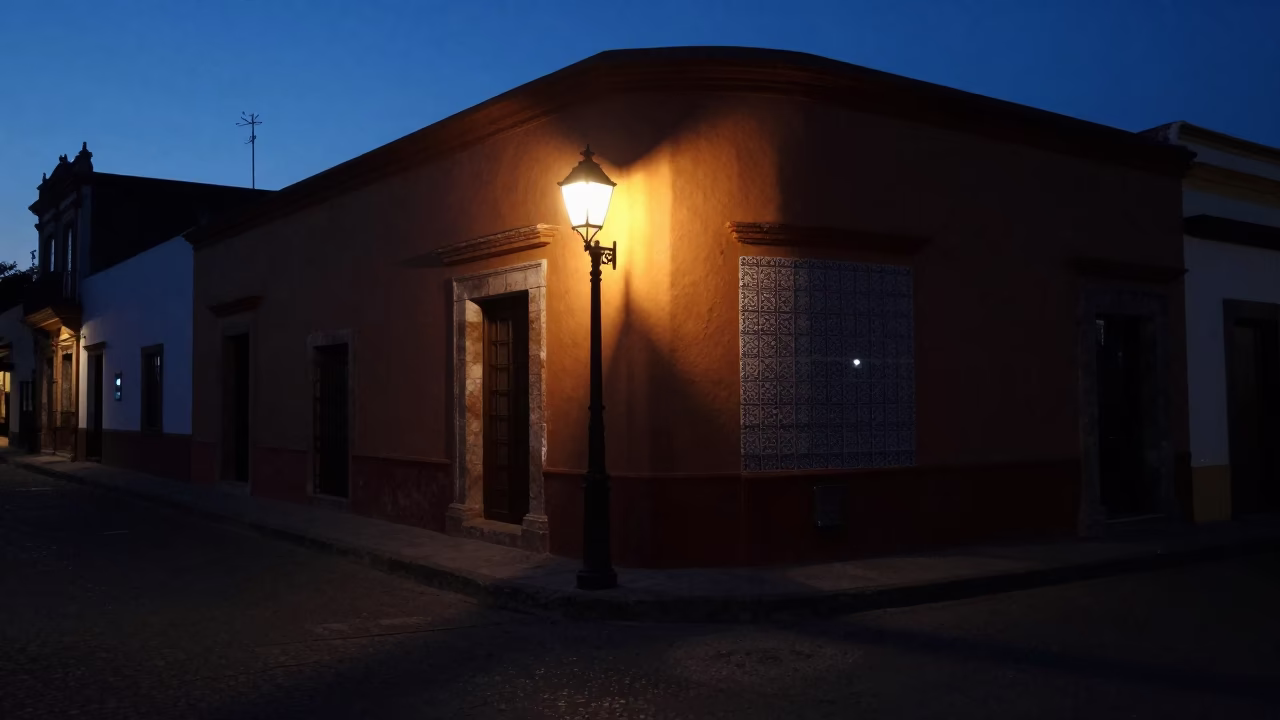 Predawn Street Scene in Merida Mexico with Lantern and Tile Window in in Merida, Mexico