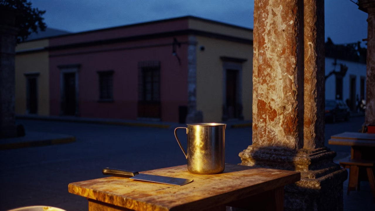Predawn Street Scene in Merida Mexico with Local Breakfast Elements in in Merida, Mexico