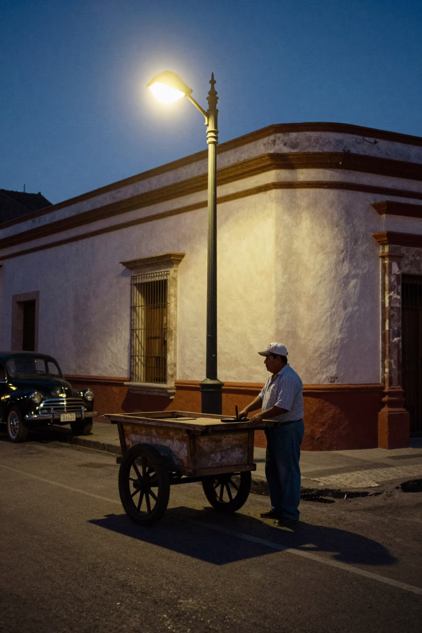 Predawn Street Scene in Merida Mexico with Local Vendor and Vintage Elements in in Merida, Mexico