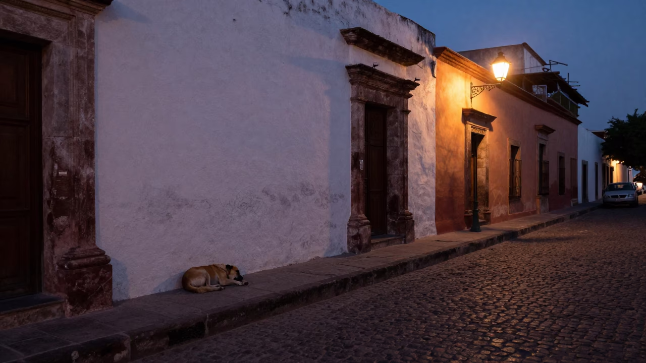 Predawn Street Scene in Merida Mexico with Sleeping Dog and Vintage Breadbox in in Merida, Mexico