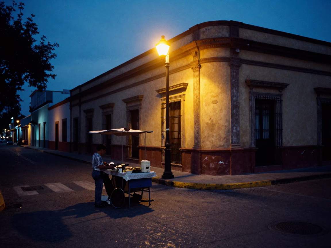 Predawn street scene in Merida Mexico with street vendor and urban architecture in in Merida, Mexico