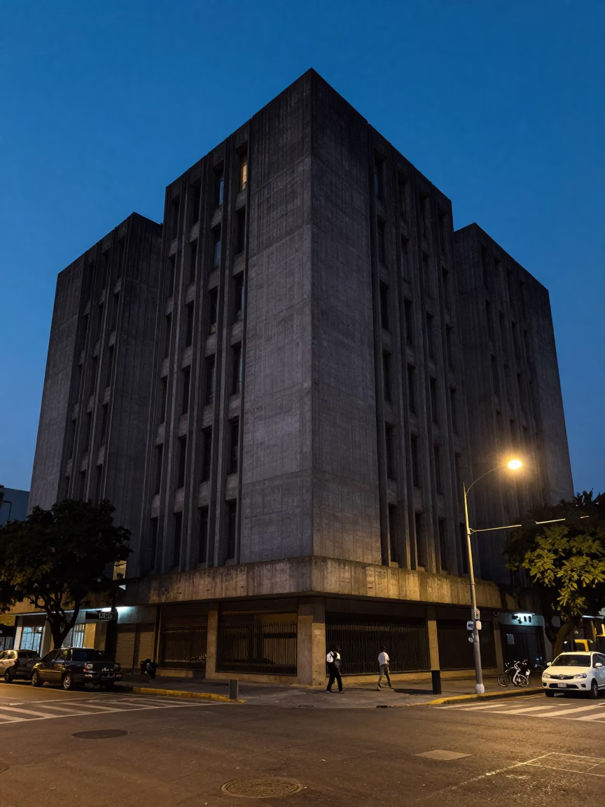 Predawn Street Scene in Mexico City with Concrete Brutalist University Building in in Mexico City, Mexico