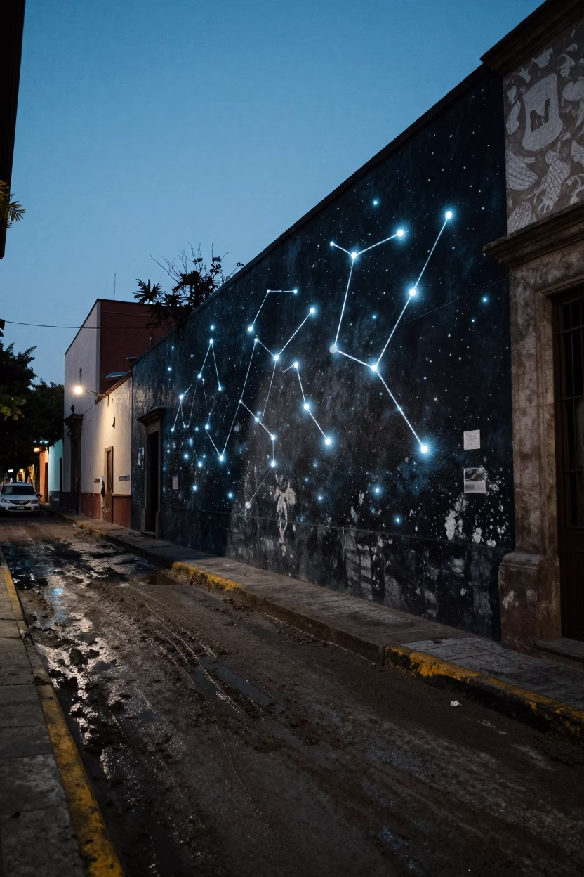 Predawn Street Scene in Mexico City With Constellation Mural and Muddy Footprints in in Mexico City, Mexico