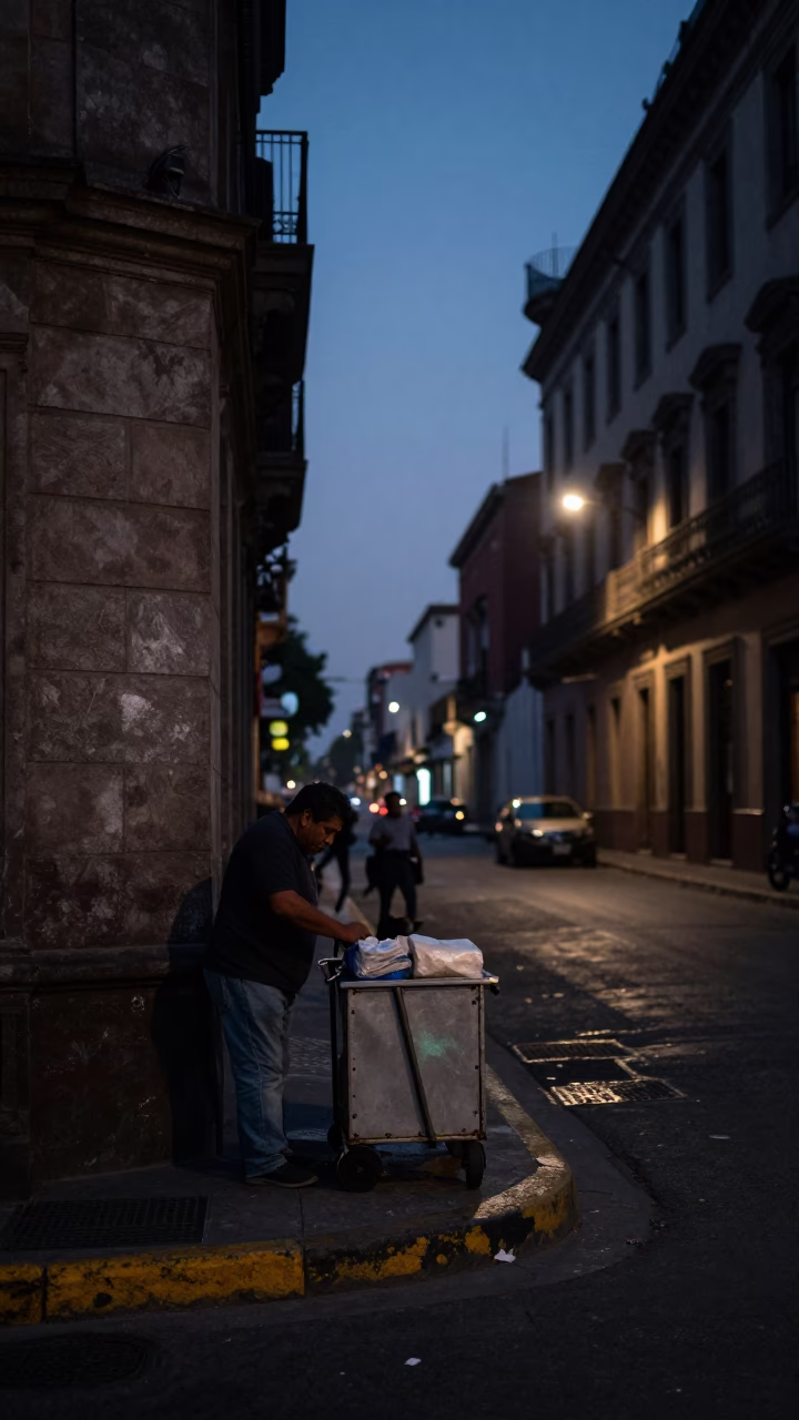 Predawn Street Scene in Mexico City with Local Vendor and Urban Details in in Mexico City, Mexico