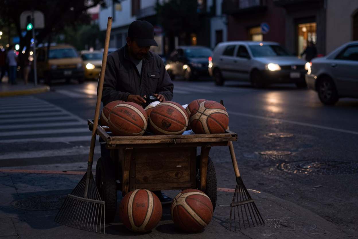 Predawn Street Scene in Mexico City with Old Leather Basketballs and Garden Rake in in Mexico City, Mexico