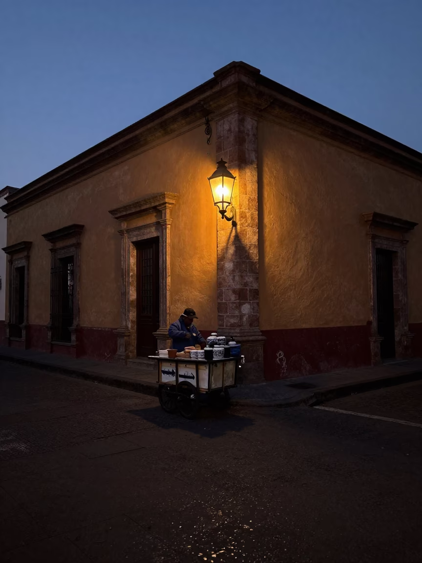 Predawn Street Scene in Mexico City With Vintage Lantern and Ceramic Cheese Dome in in Mexico City, Mexico