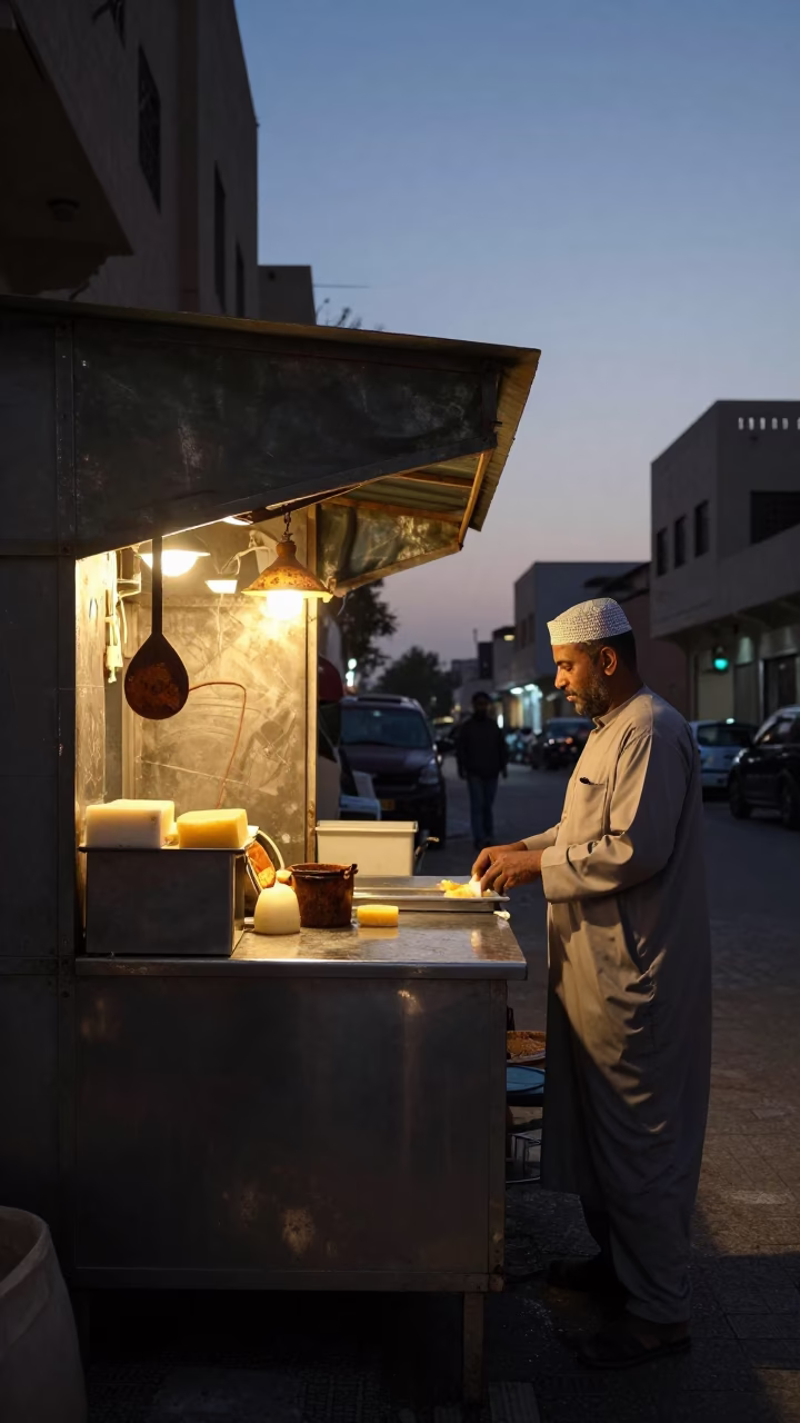 Predawn Street Scene in Muscat Oman with Rusty Handle and Soap Residue in in Muscat, Oman