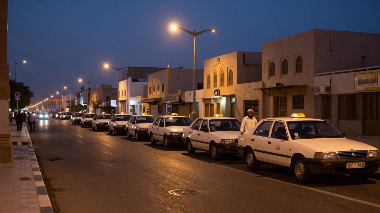 Predawn Street Scene in Muscat Oman with Taxi Rank and Local Activity in in Muscat, Oman