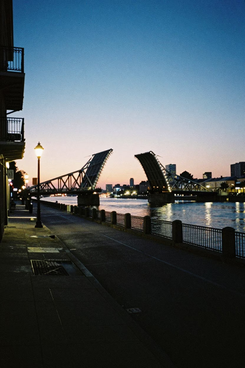 Predawn Street Scene in New Orleans Louisiana with Drawbridge and Waterway in in New Orleans, Louisiana, United States