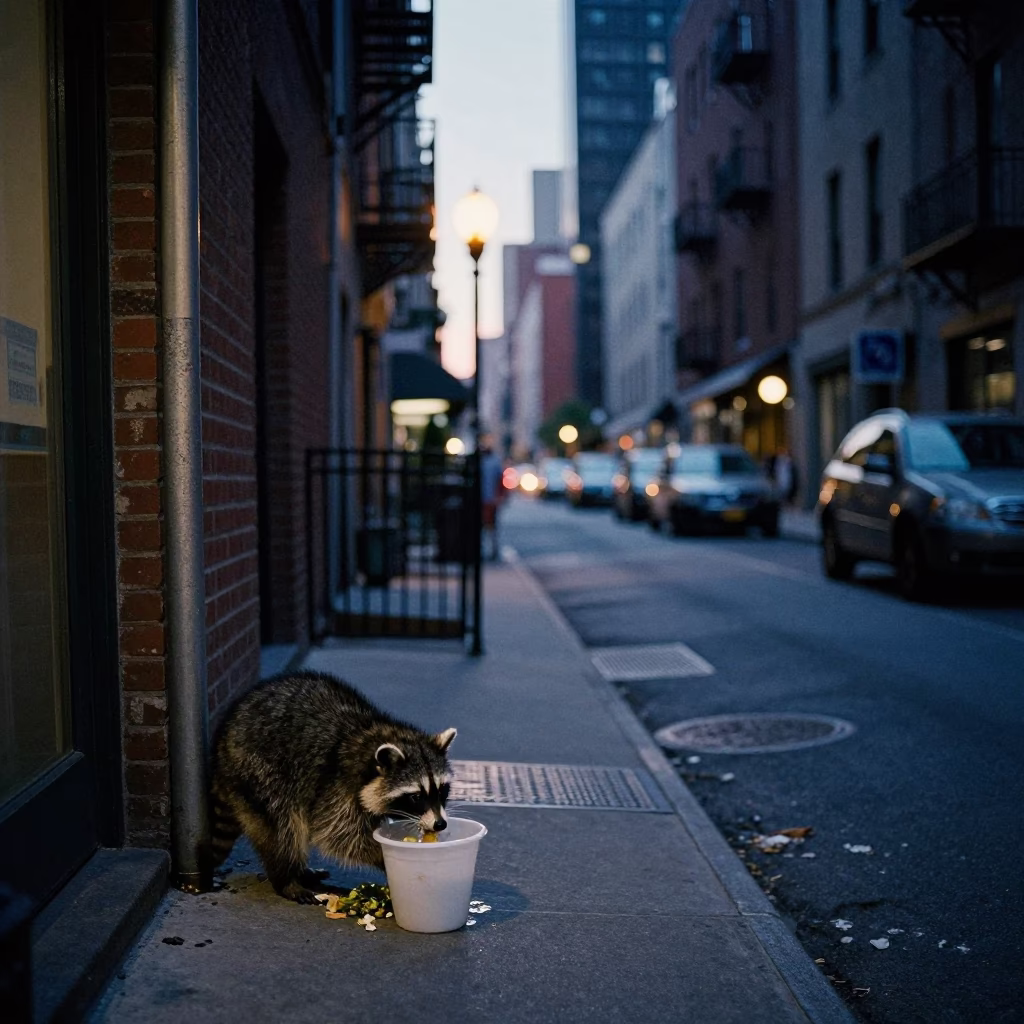 Predawn Street Scene in New York City with Raccoon Washing Food Near Alley Entrance in in New York, New York, United States