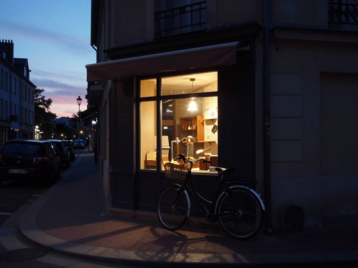 Predawn street scene in Nice France with bicycle propped against bakery and steam haze in in Nice, France