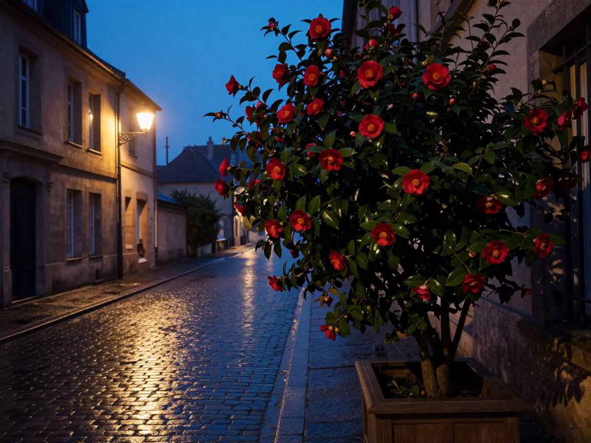 Predawn Street Scene in Nice France with Camellia Shrub and Vintage 1950s Aesthetic in in Nice, France