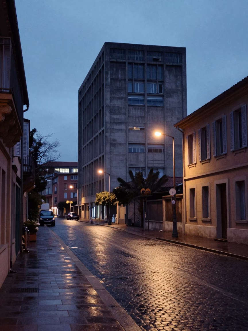 Predawn street scene in Nice France with concrete brutalist university building and terracotta pot in in Nice, France