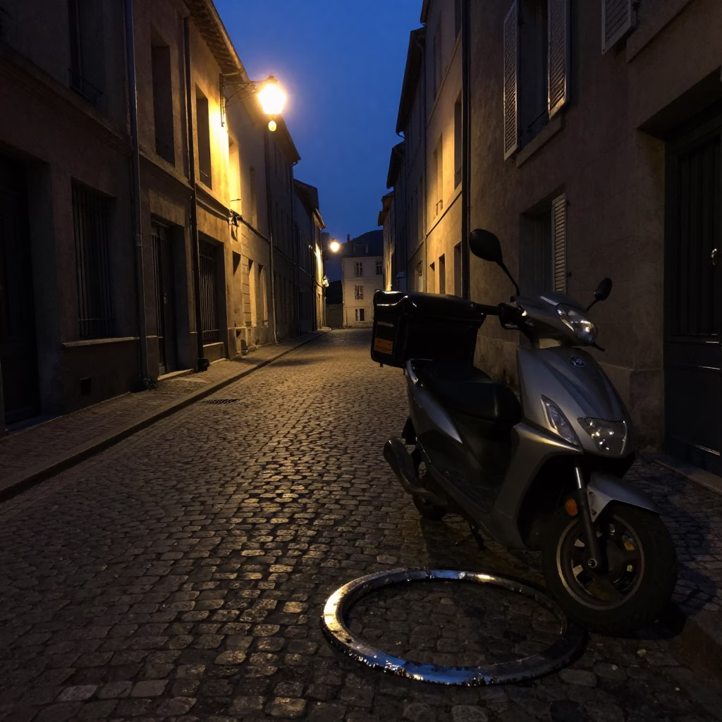 Predawn street scene in Nice France with dented metal rim catching light in in Nice, France