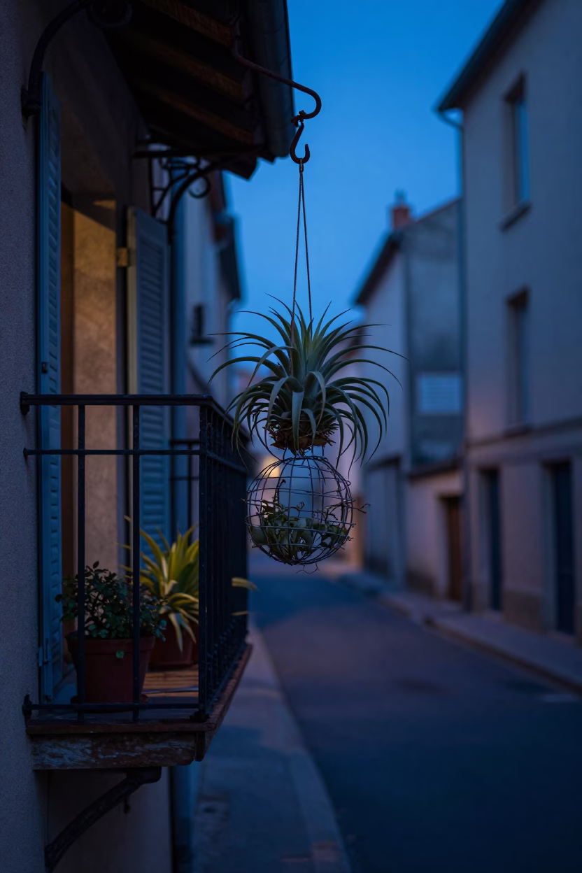 Predawn Street Scene in Nice France with Hanging Air Plant and Pruning Shears in in Nice, France