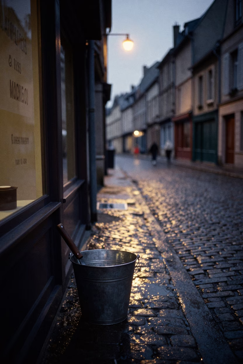 Predawn Street Scene in Nice France with Metal Bucket and Cleaver in in Nice, France