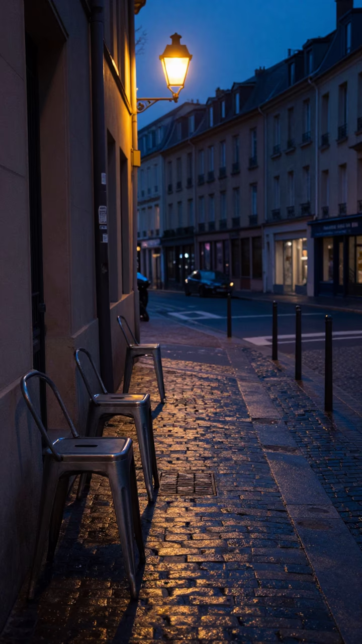 Predawn street scene in Nice France with metal stools and urban textures in in Nice, France