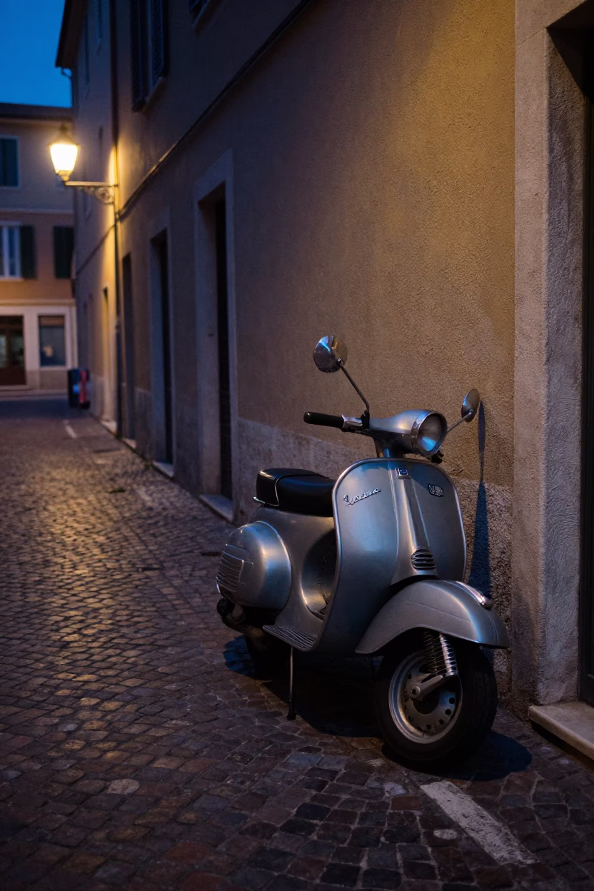 Predawn Street Scene in Nice France with Vintage Scooter and Cobblestone Alley in in Nice, France