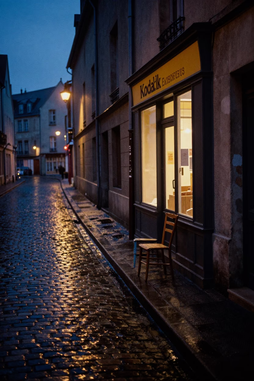 Predawn Street Scene in Nice France with Wet Cobblestones and Empty Chair in in Nice, France