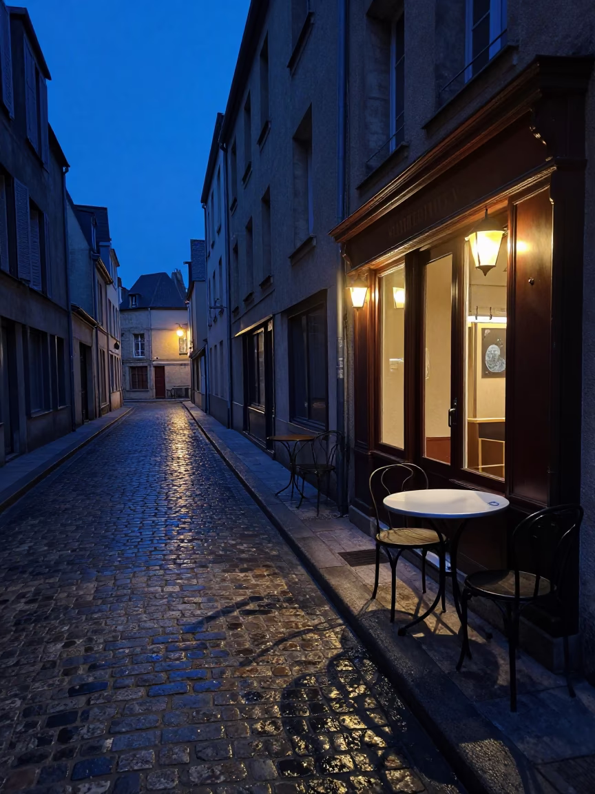 Predawn Street Scene in Nice France with Wicker Shadow and Blue Porcelain Plate in in Nice, France