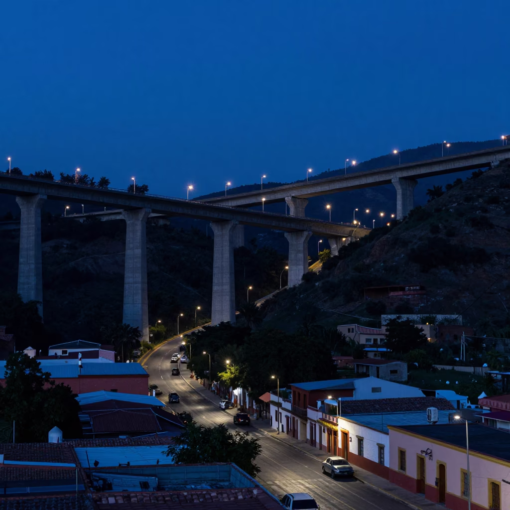 Predawn Street Scene in Oaxaca Mexico with Concrete Viaduct and Local Morning Activity in in Oaxaca, Mexico
