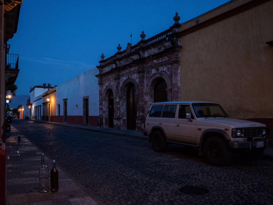 Predawn Street Scene in Oaxaca Mexico with Glass Bottles and Vintage SUV in in Oaxaca, Mexico