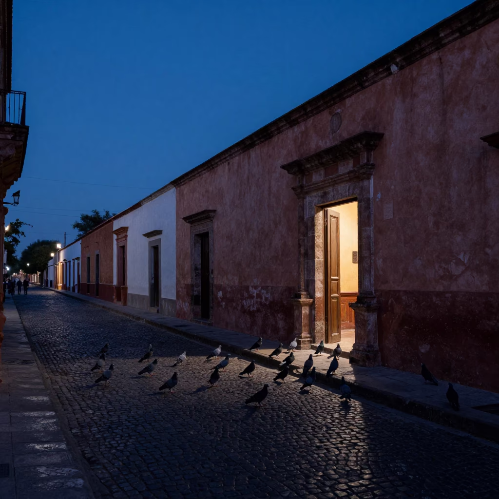 Predawn Street Scene in Oaxaca Mexico with Pigeons and Morning Light in in Oaxaca, Mexico
