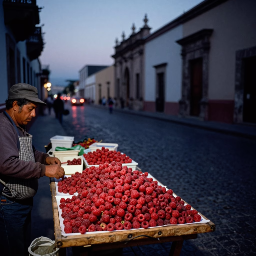 Predawn Street Scene in Oaxaca Mexico with Raspberries and Local Market Stalls in in Oaxaca, Mexico