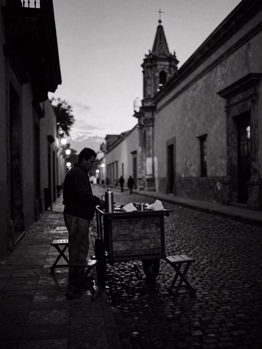 Predawn street scene in Oaxaca Mexico with thermos and folding stools in in Oaxaca, Mexico