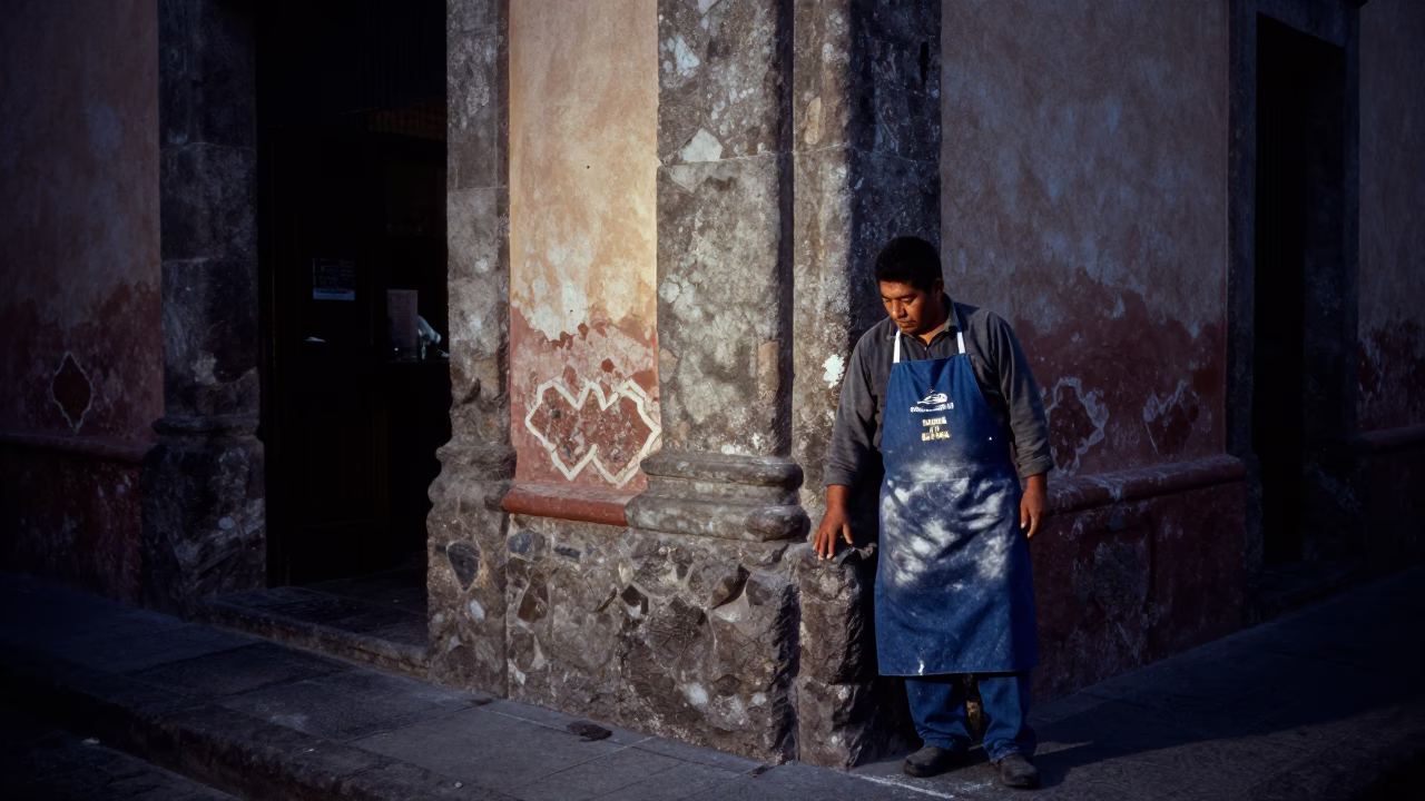 Predawn street scene in Oaxaca Mexico with vendor aprons and morning light in in Oaxaca, Mexico