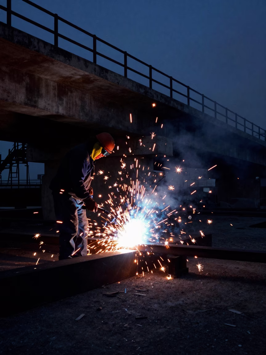Predawn Street Scene in Oaxaca Mexico with Welding Sparks and Steel Sill in in Oaxaca, Mexico