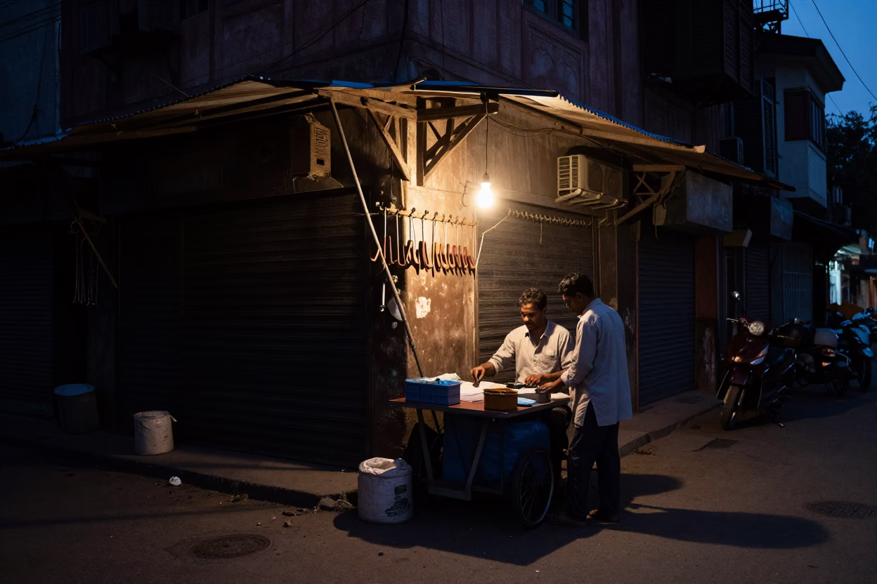 Predawn Street Scene in Old Delhi India with Tool Hooks and Local Vendor Activity in in Delhi, India