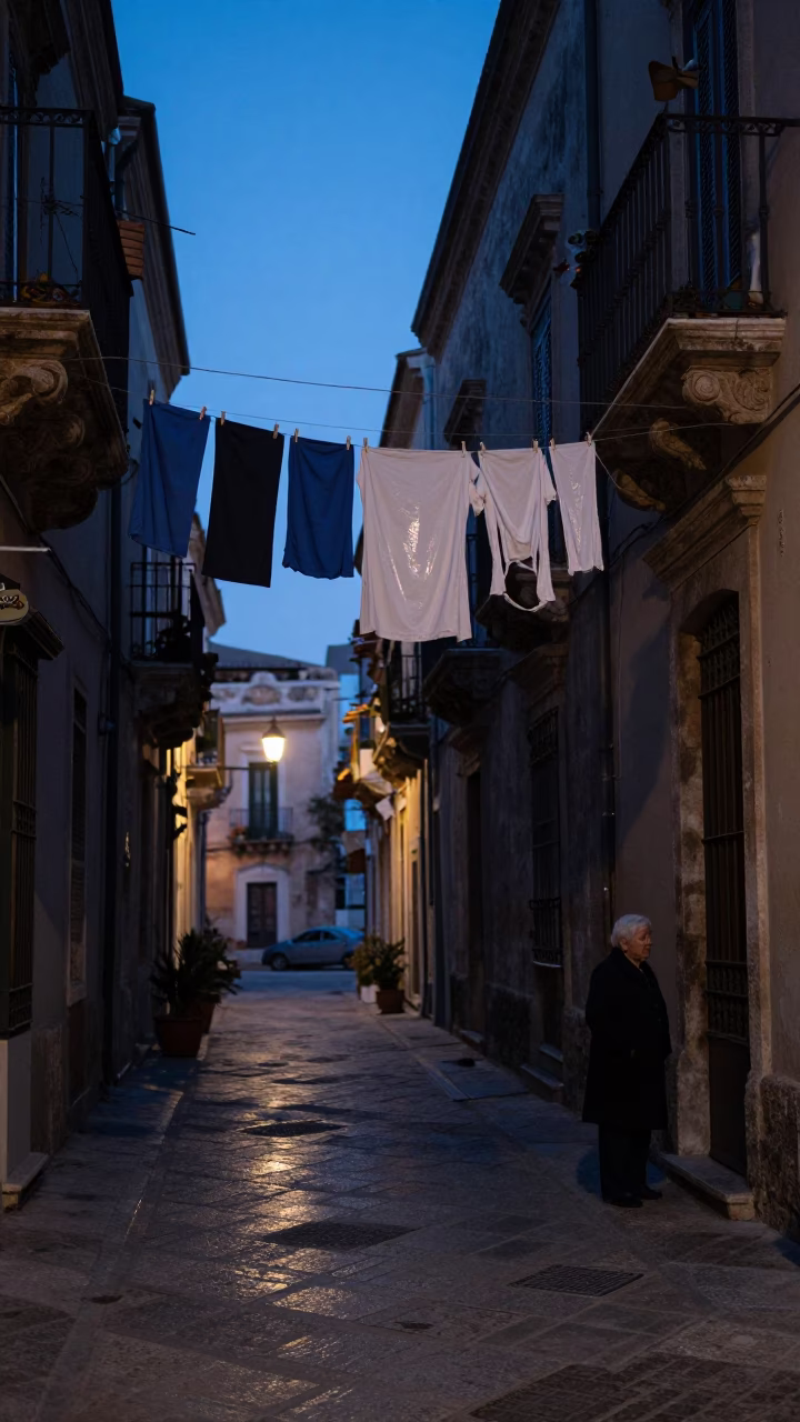 Predawn street scene in Palermo Italy with laundry pins and metal stools in in Palermo, Italy