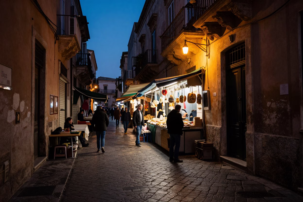 Predawn Street Scene in Palermo Italy with Local Market Activity and Vintage Ambience in in Palermo, Italy