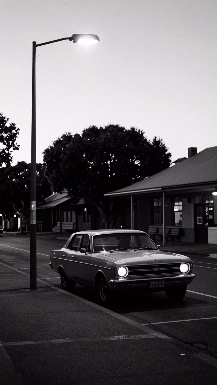 Predawn Street Scene in Perth Western Australia with Vintage Car and Streetlamp in in Perth, Western Australia, Australia
