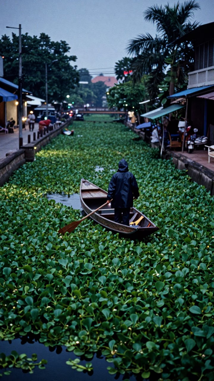 Predawn Street Scene in Phnom Penh Cambodia with Water Hyacinth and Local Life in in Phnom Penh, Cambodia