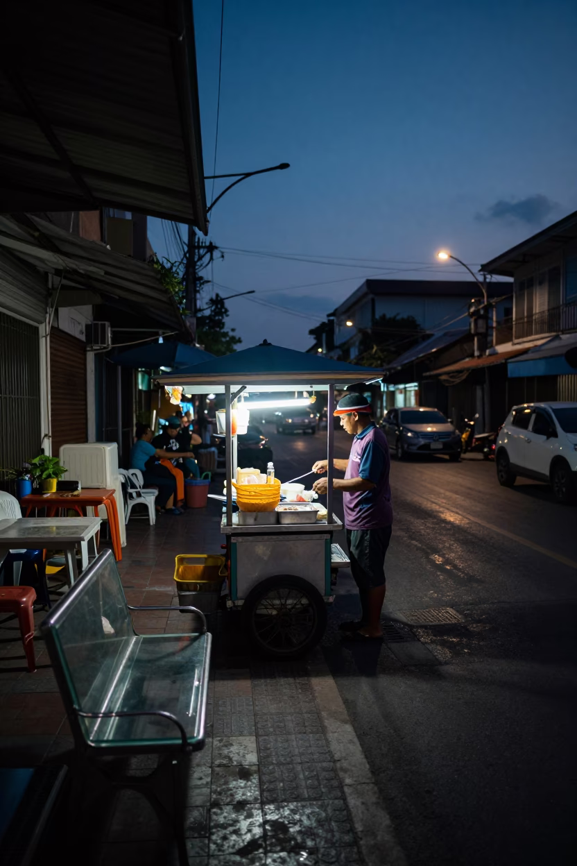 Predawn Street Scene in Phuket Thailand with Colander and Glass Bench in in Phuket, Thailand