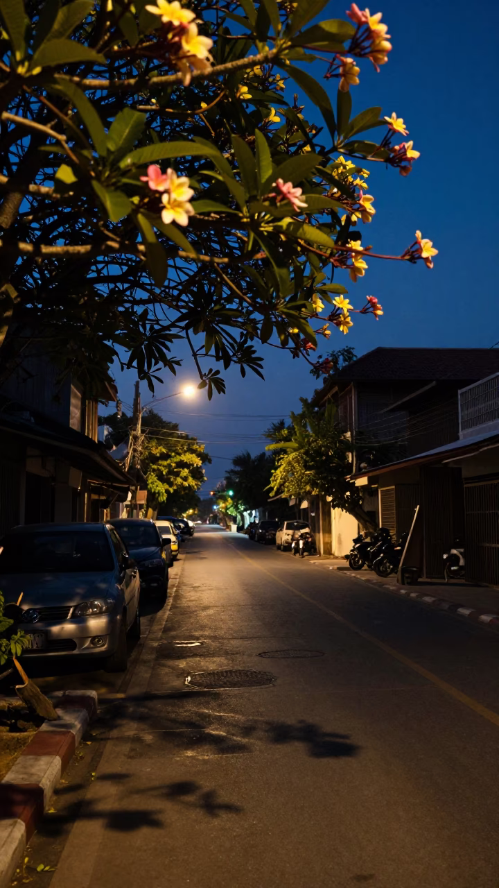 Predawn Street Scene in Phuket Thailand with Dappled Shadows and Local Life in in Phuket, Thailand
