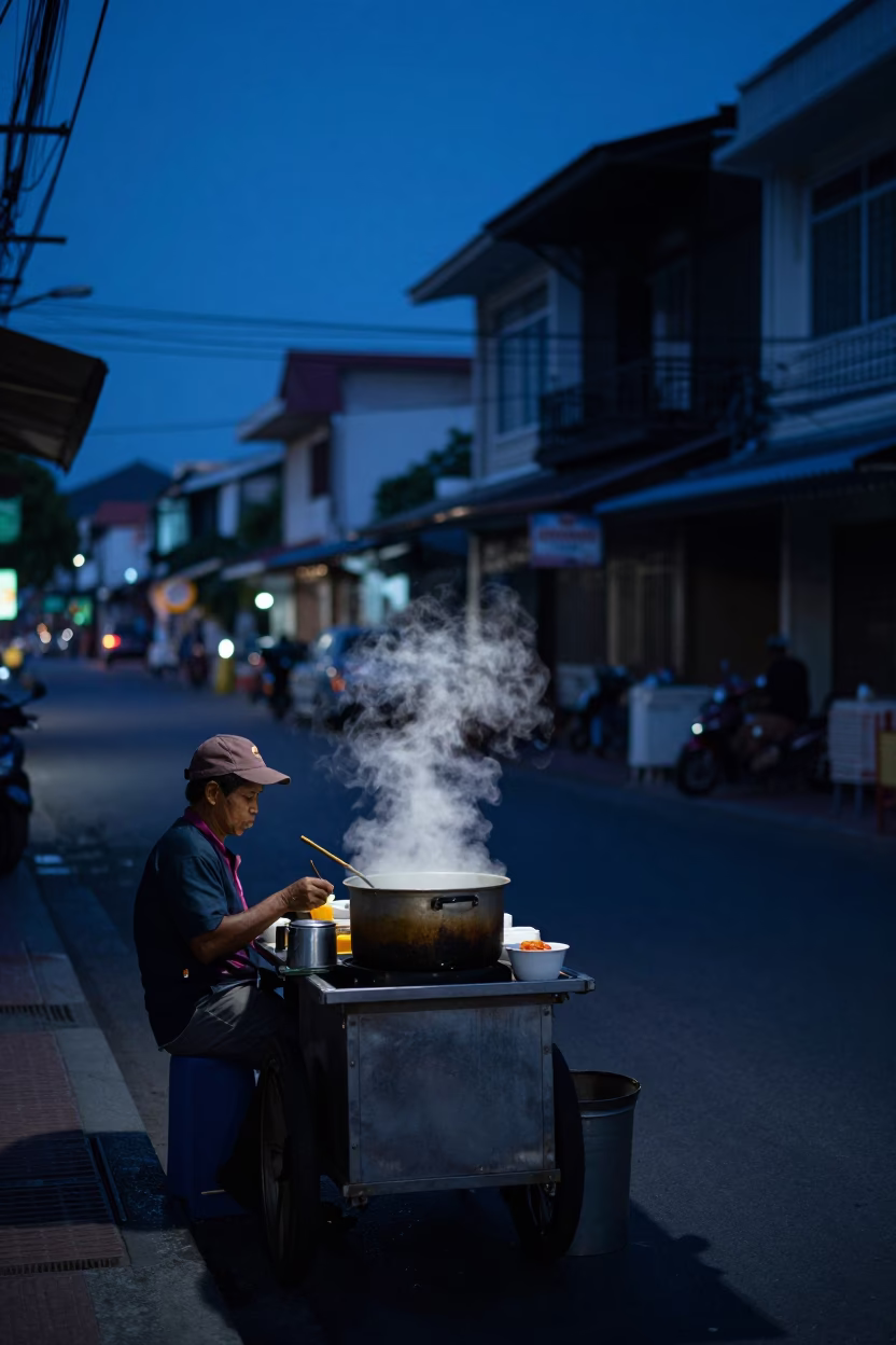 Predawn Street Scene in Phuket Thailand with Early Morning Vendor and Motorbike in in Phuket, Thailand