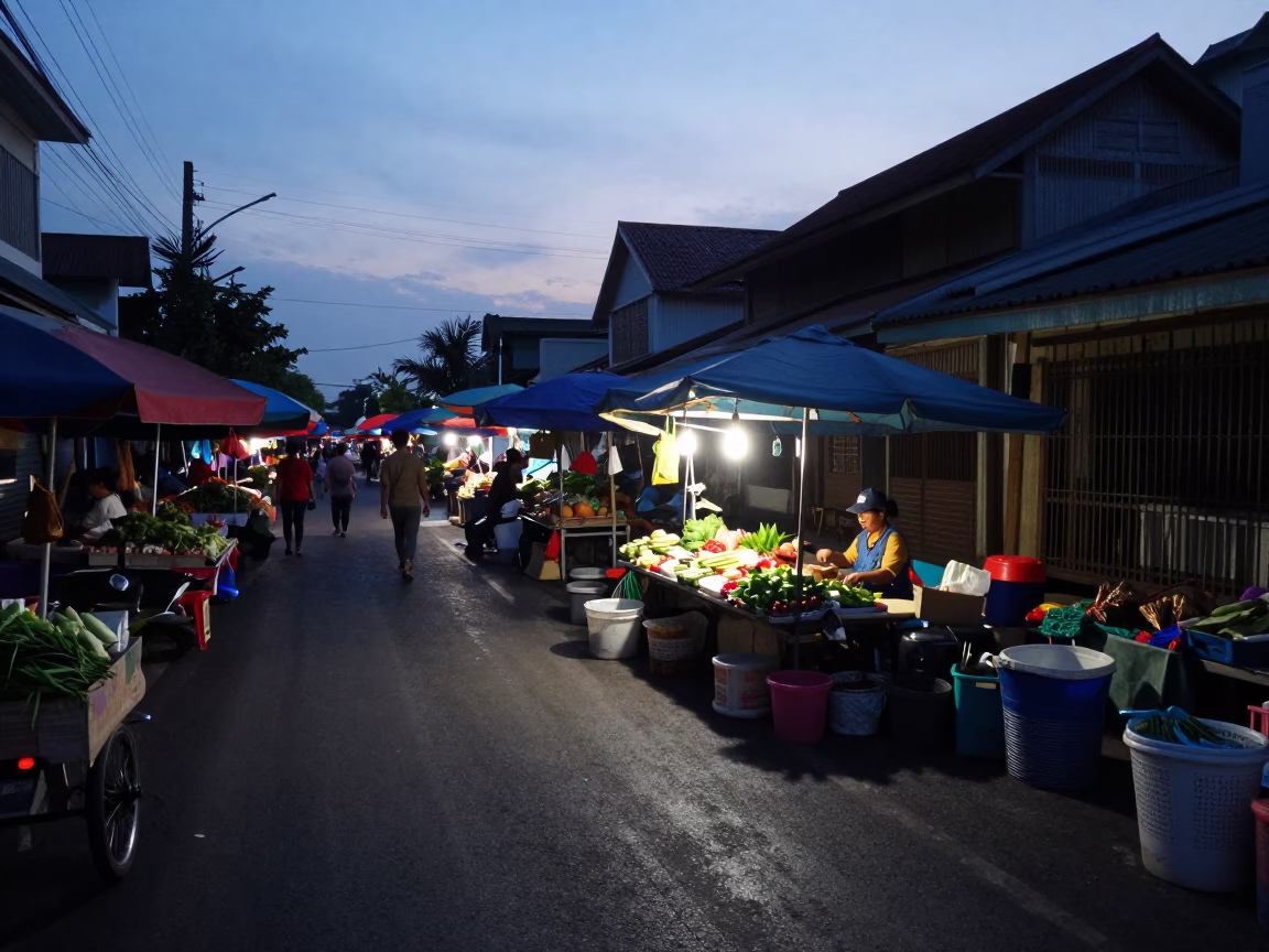 Predawn Street Scene in Phuket Thailand with Local Market Activity and Condensation in in Phuket, Thailand