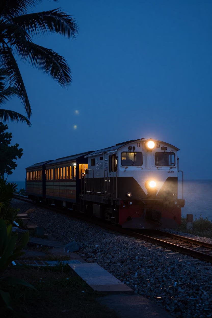 Predawn Street Scene in Phuket Thailand with Narrow Gauge Train and Local Market Activity in in Phuket, Thailand