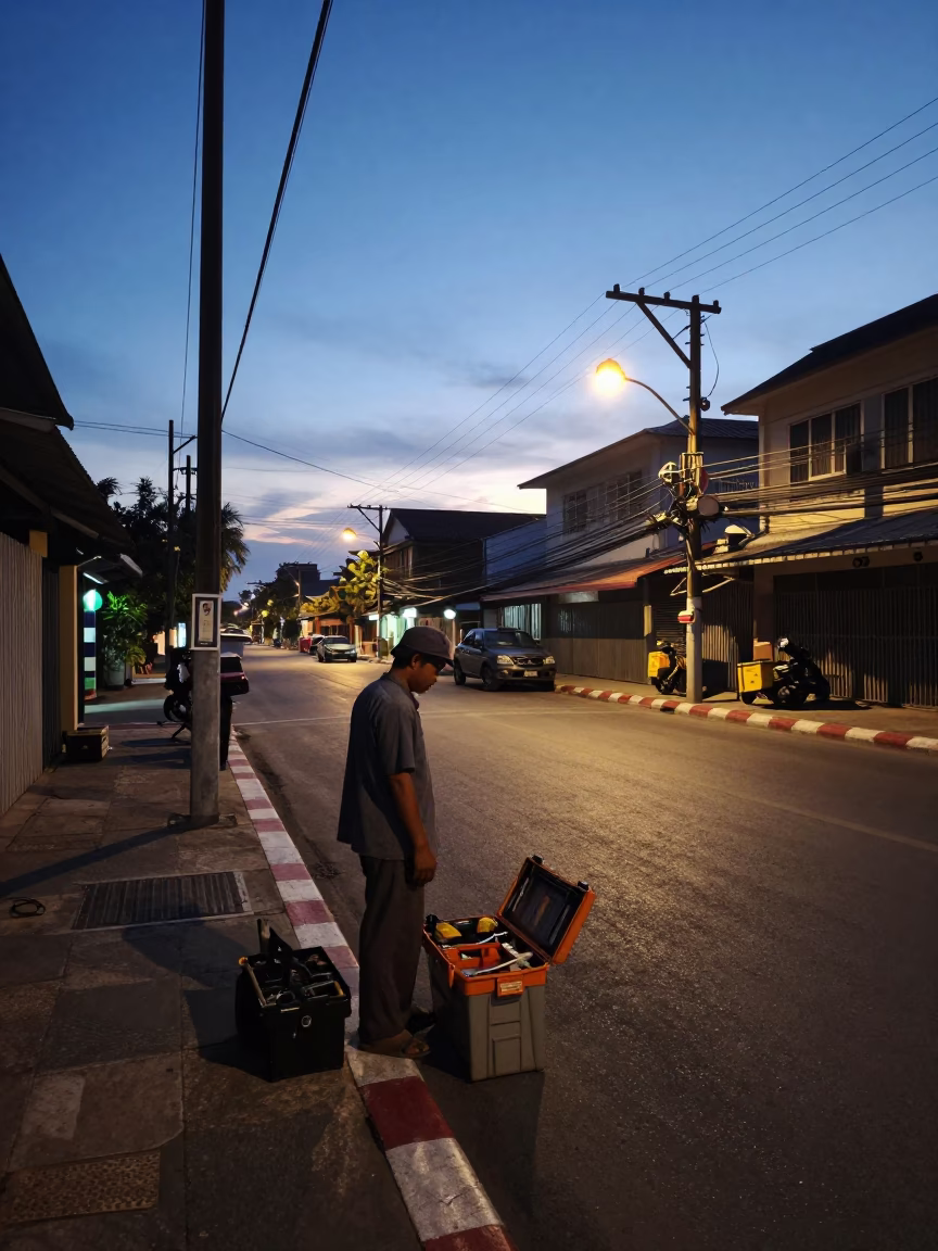 Predawn Street Scene in Phuket Thailand with Toolbox and Catenary System in in Phuket, Thailand