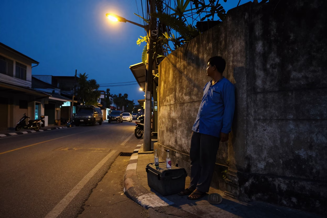 Predawn Street Scene in Phuket Thailand with Toolbox and Glass Bottle in in Phuket, Thailand