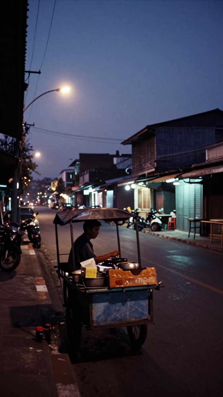 Predawn Street Scene in Phuket Thailand with Vendor Equipment and Dim Lighting in in Phuket, Thailand