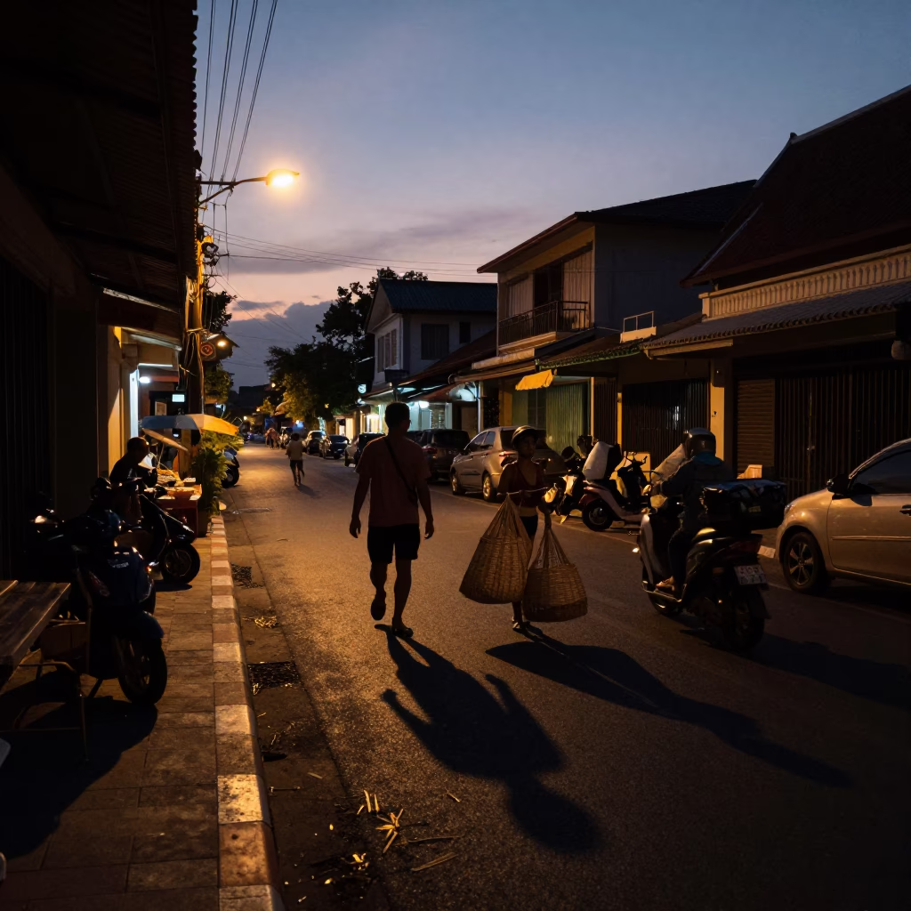 Predawn Street Scene in Phuket Thailand with Wicker Shadows and Stone Pots in in Phuket, Thailand