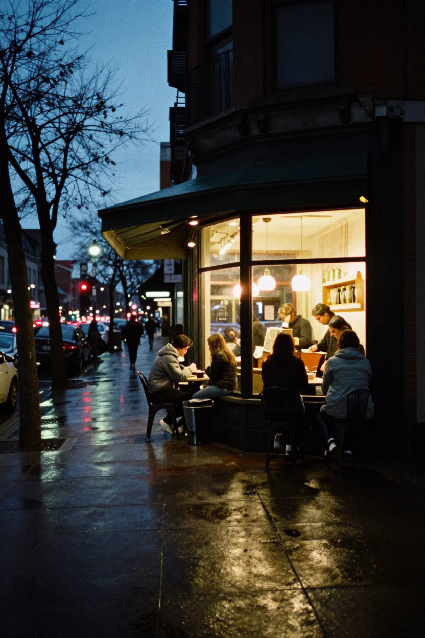 Predawn Street Scene in Portland Oregon with Coffee Shop and Urban Elements in in Portland, Oregon, United States