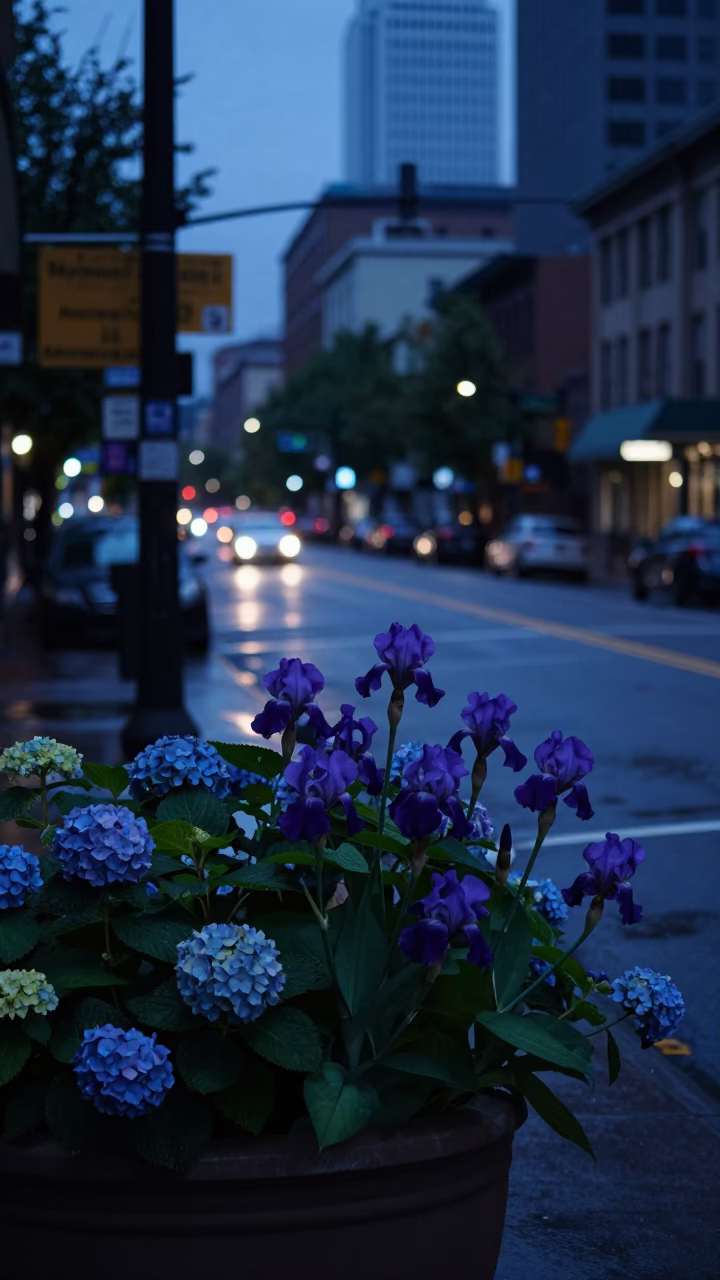 Predawn Street Scene in Portland Oregon With Hydrangeas And Urban Infrastructure in in Portland, Oregon, United States