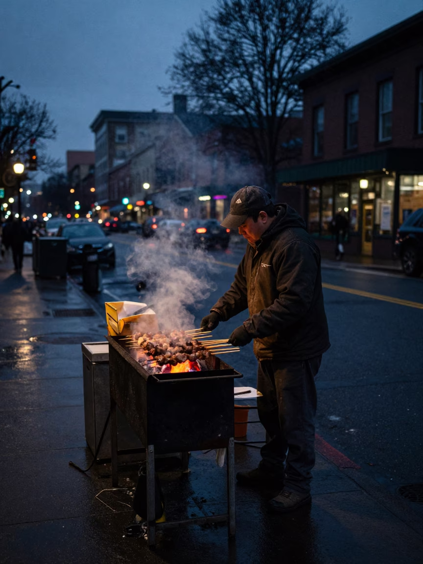 Predawn Street Scene in Portland Oregon with Kebab Grill and Urban Atmosphere in in Portland, Oregon, United States